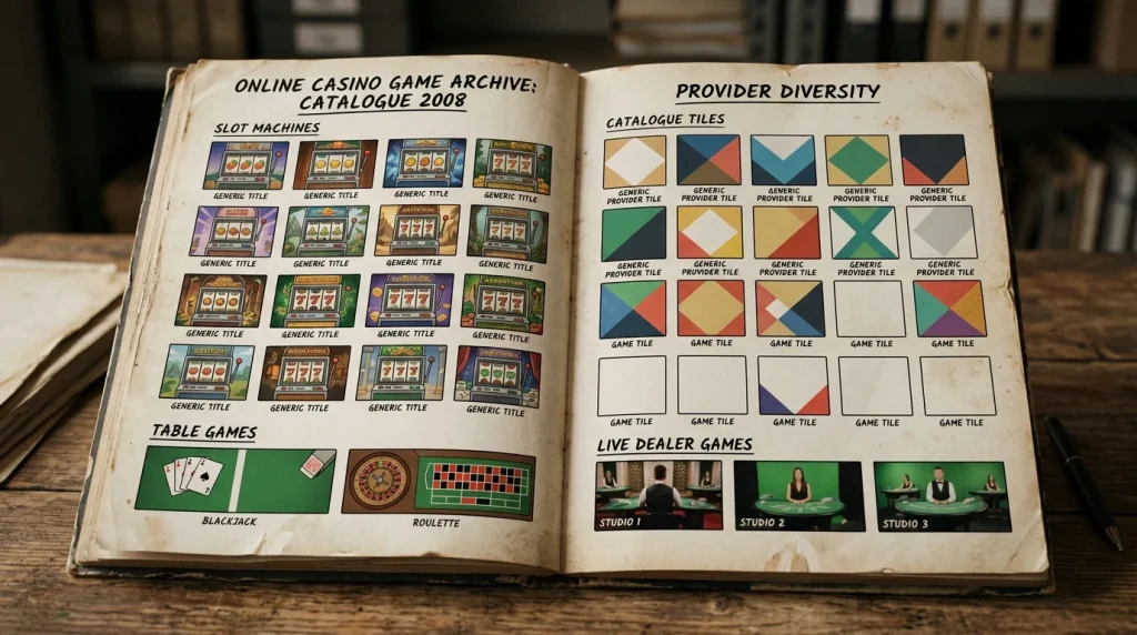 Illustration of a historical casino game library with generic slots and live tables