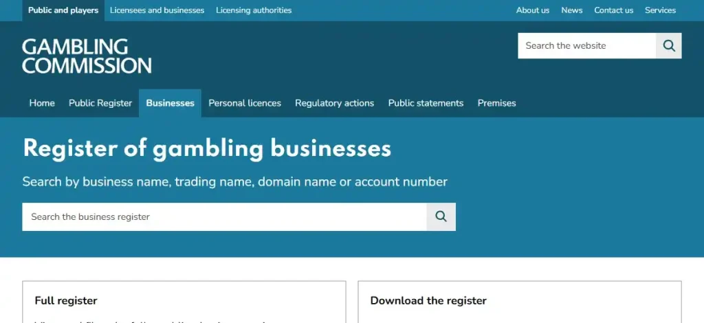 UK Gambling Commission business register used for the Ocean Breeze Casino licence check