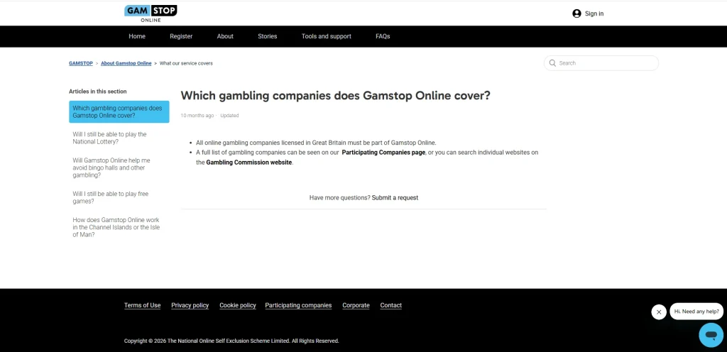 Official GAMSTOP guidance explaining coverage of online gambling companies licensed in Great Britain