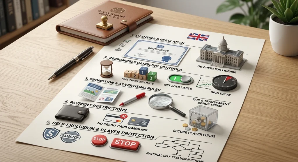 Illustration of 2026 Great Britain online casino rules including licensing, slots stakes, bonuses, payment cards and self-exclusion